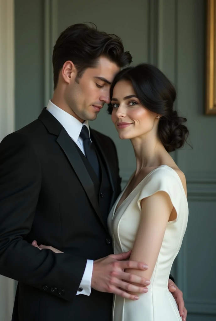a pale woman with blue eyes and raven hair with a handsome man with a fit body and raven hair and dark blue eyes getting married at a registry office in London. She is wearing a simple white dress and he is wearing a black suit.. The aesthetic is from the sixties