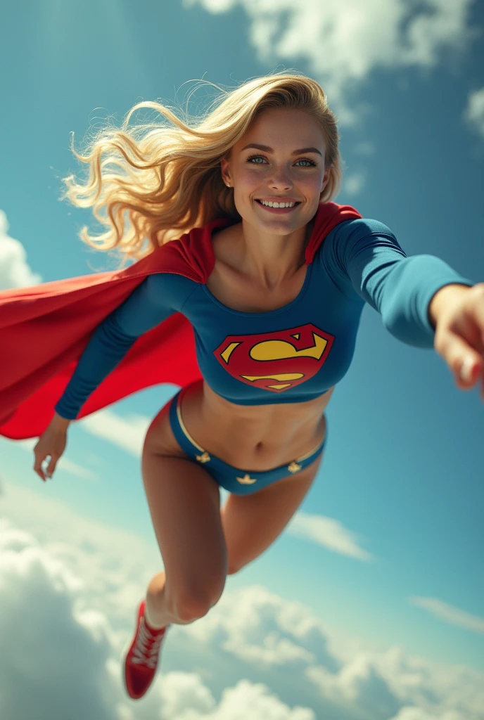 INSANELY SEXY, RIPPED MUSCULAR BUSTY BOOBS SUPERGIRL WEARING THE ORIGINAL SUPERGIRL COSTUME FROM 1950. SOARING WHILE TAKING A SELFIE.