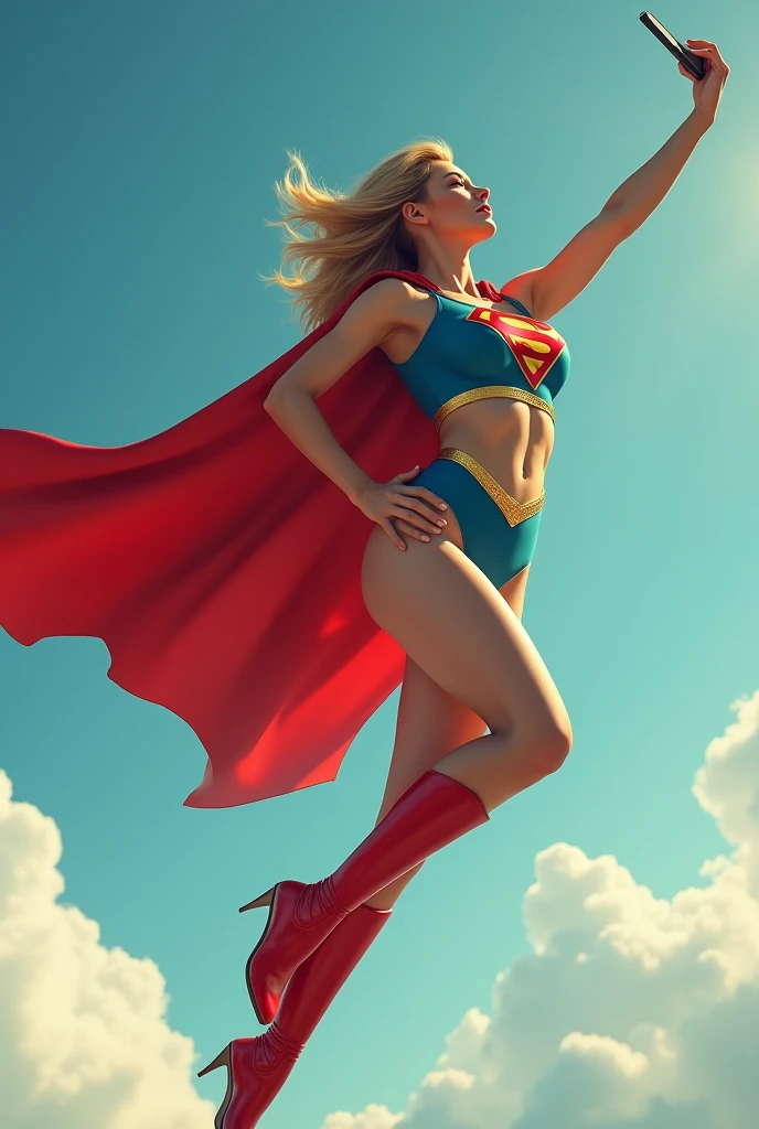 INSANELY SEXY, RIPPED MUSCULAR BUSTY BOOBS SUPERGIRL WEARING THE ORIGINAL SUPERGIRL COSTUME FROM 1950. SOARING WHILE TAKING A SELFIE.