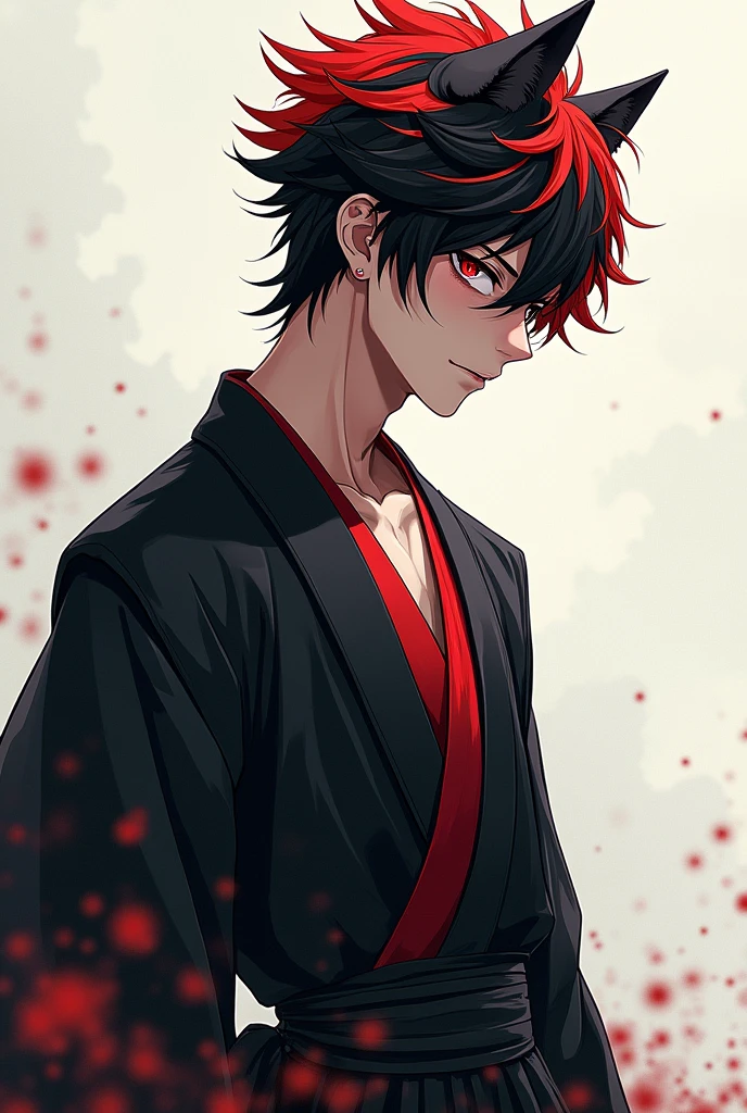 1 man, 1,83 tall, black hair with red, raza Ōkami, with a haori, anime style