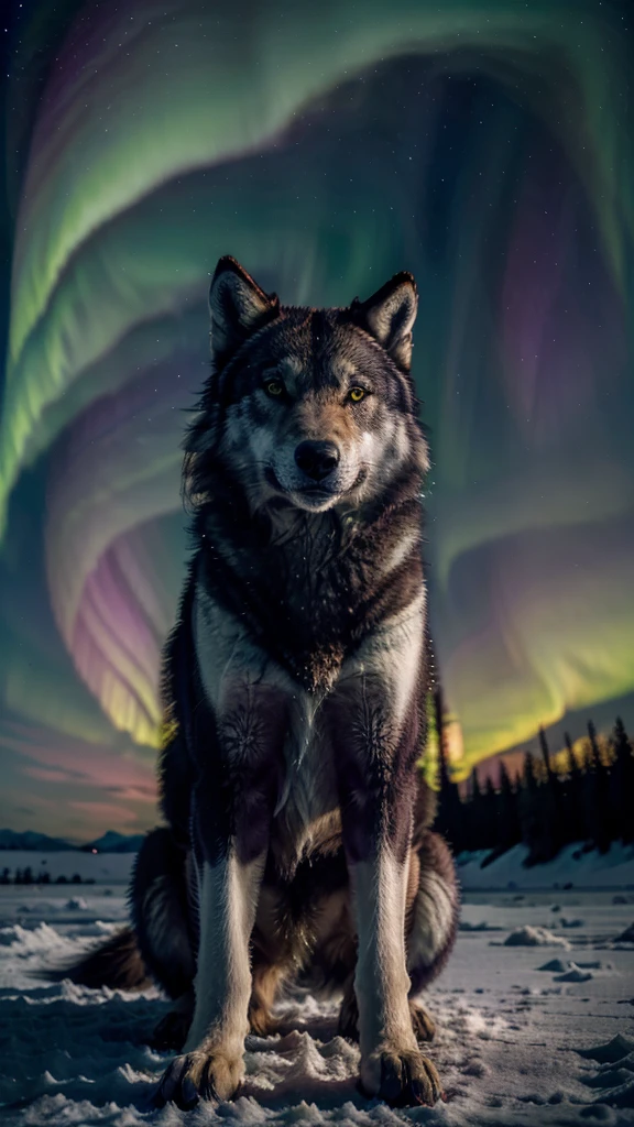 Lone Wolf in the Northern Lights : A lone Siberian wolf howls at the sky under the Northern Lights. The Northern Lights create a mesmerizing light show overhead, dyeing the sky in shades of green and purple, while the silhouette of the wolf stands out in the vibrant spectacle.