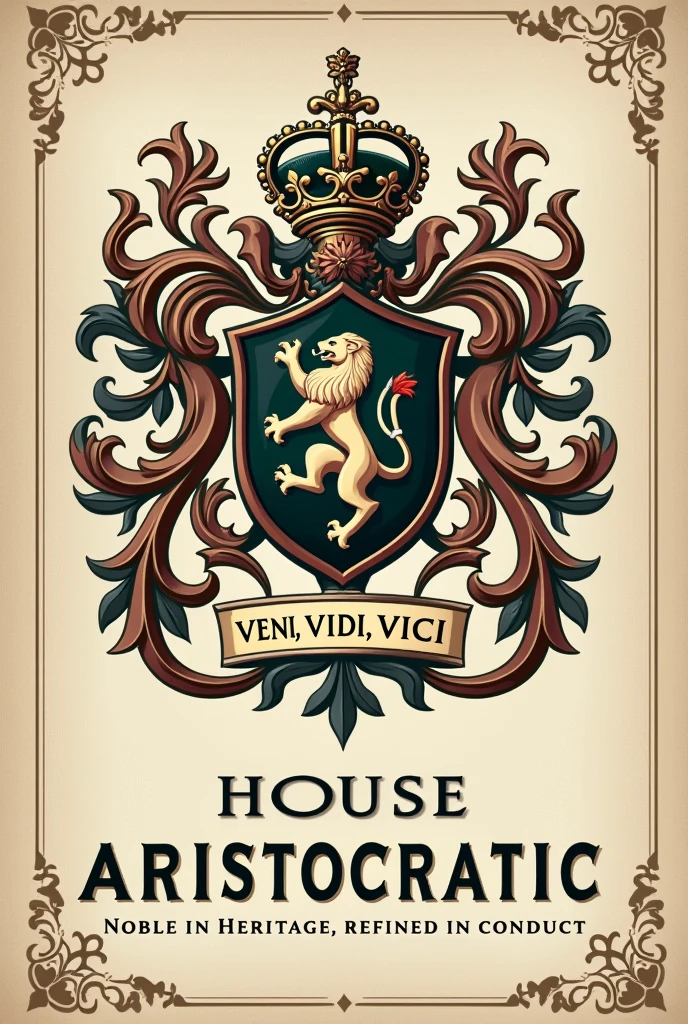 Make me a logo that suitable withe aristocratic the title is House Of Aristocratic. Under it put a motto "veni, vidi, vici" and under it the logo. Lastly, put motto "Noble in Heritage, Refined in Conduct"