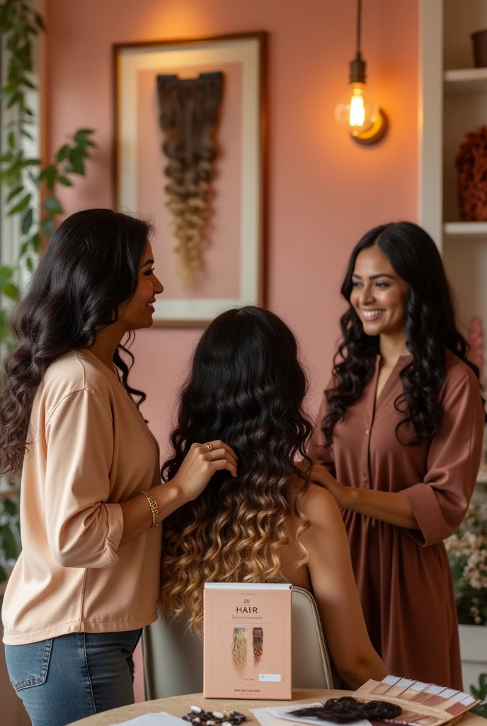 Create a vibrant and inviting image of a hair extension studio with a variety of Indian human hair extensions displayed. Include close-up shots of curly, wavy, and straight textures, and showcase a stylist applying extensions. Add visual elements like a color palette, delivery package, and a customer admiring their new hair in the mirror."