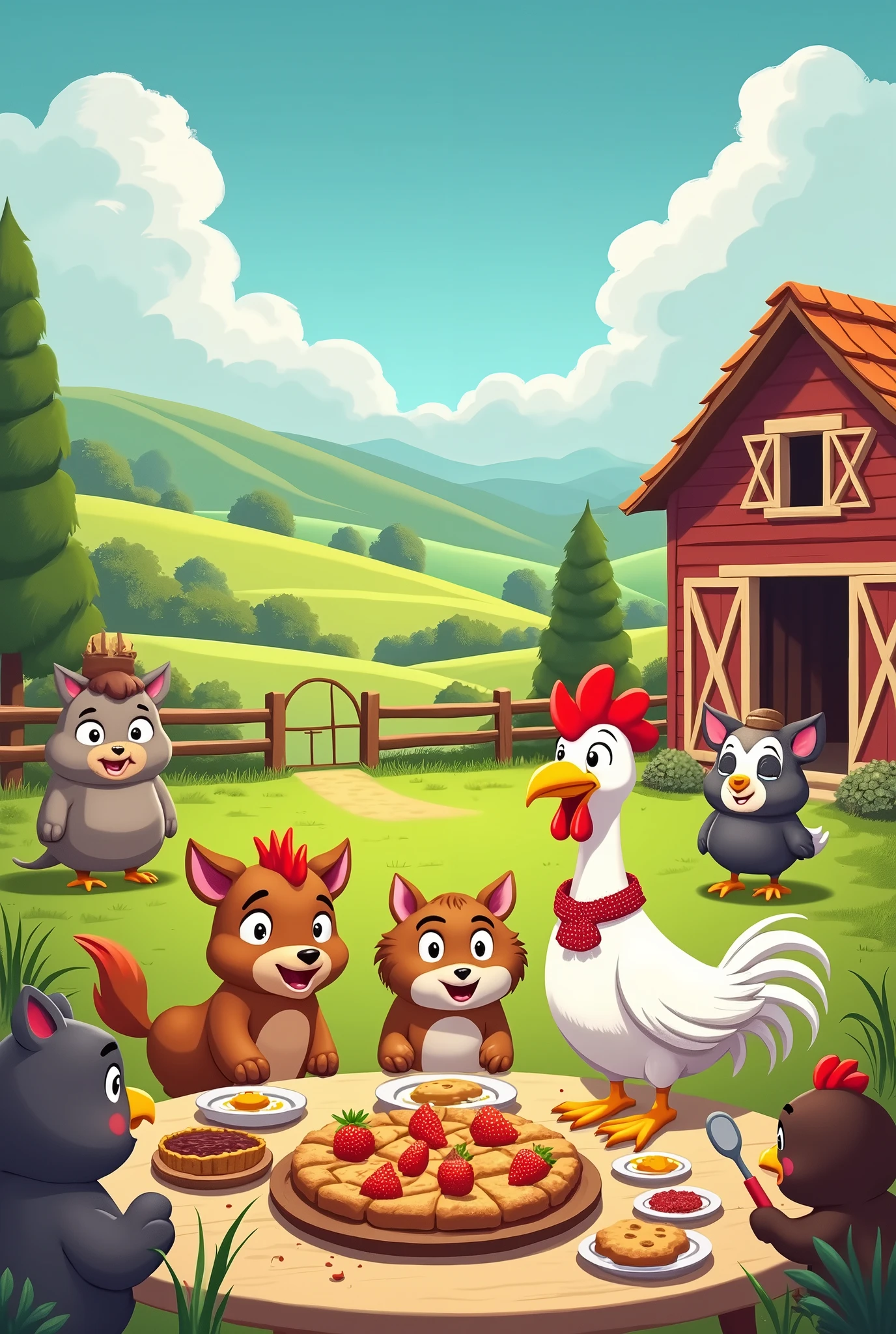 cartoon about this paragraph : On a small and quiet farm, There lived a variety of animals that, although very different from each other, they got along wonderfully. Every day started the same way: with a delicious breakfast prepared by Doña Gallina, the most talented cook in the place.
