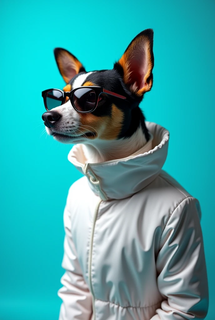 The best cell phone wallpaper, Award-Winning Wallpaper, portrait photography, In the front view is a portrait of a cute dog wearing mid-1960s space age fashion, Side view photo, Shot with Canon EOS R5, Set a strong contrast that accentuates the subject, Fluorescent blue tone, Wearing a very modern coat and sunglasses is a modern 1960s style, Clothes all in one color, beautiful background