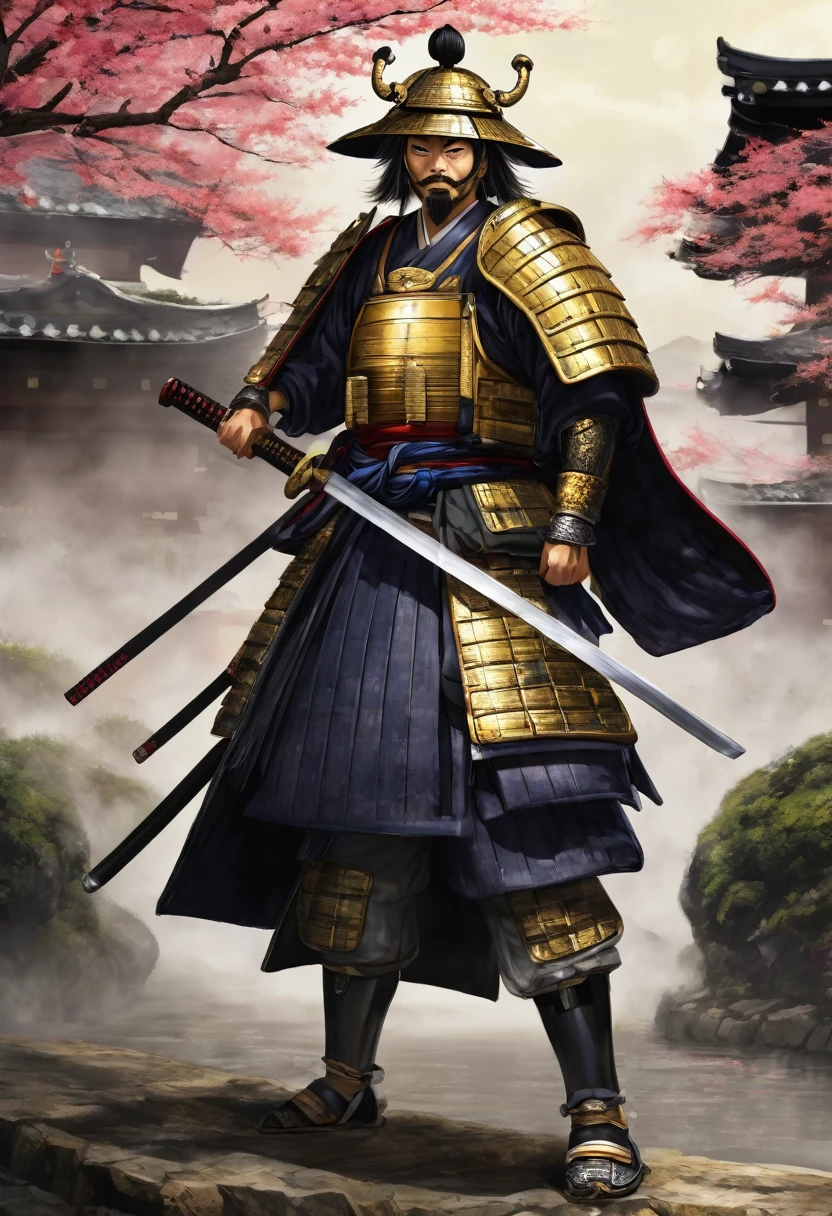 Sengoku warlord with samurai sword、Eye patch、Japanese Armor、