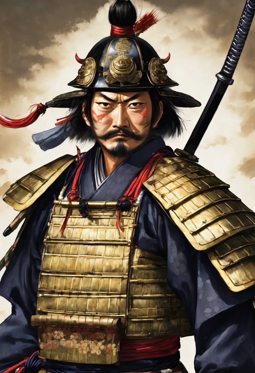 Sengoku warlord with samurai sword、Eye patch、Japanese Armor、