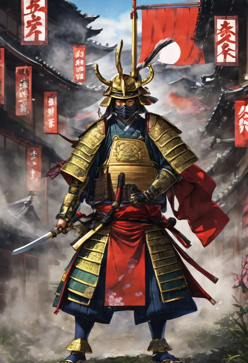 Sengoku warlord with samurai sword、Eye patch、Japanese Armor、