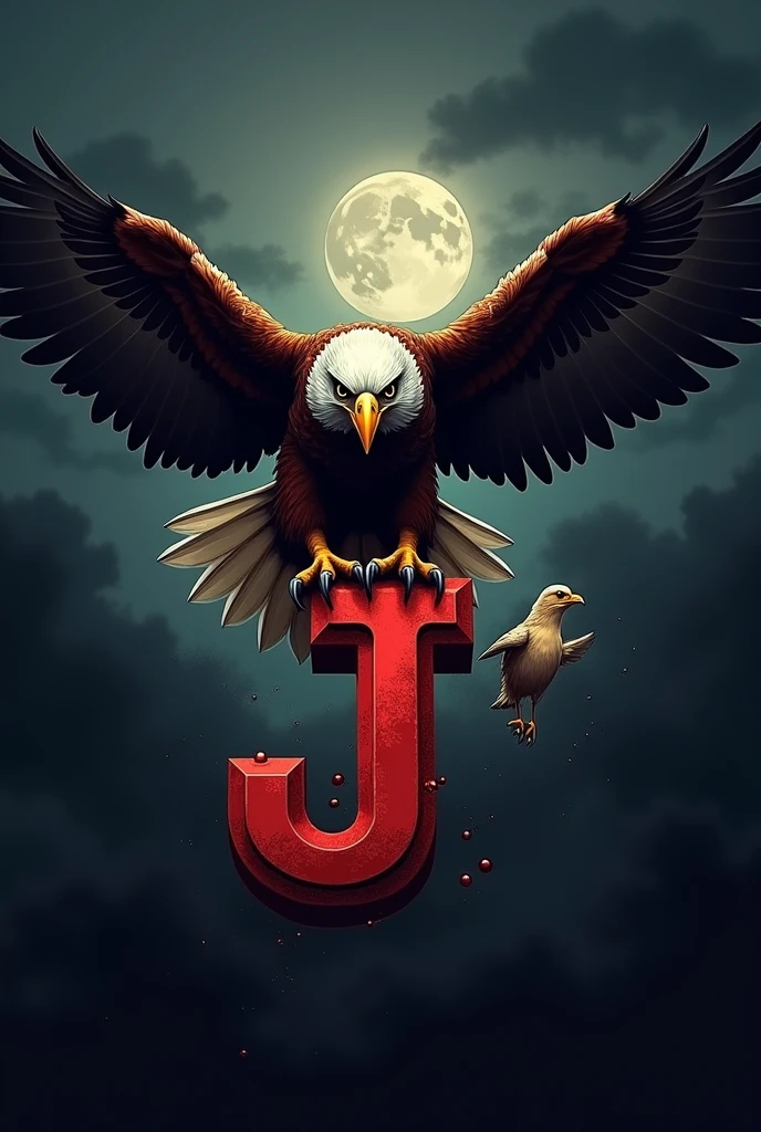 Help me make a logo with the letter J as the main logo, added with the presence of a mighty eagle that will pounce on its prey, namely a chick..