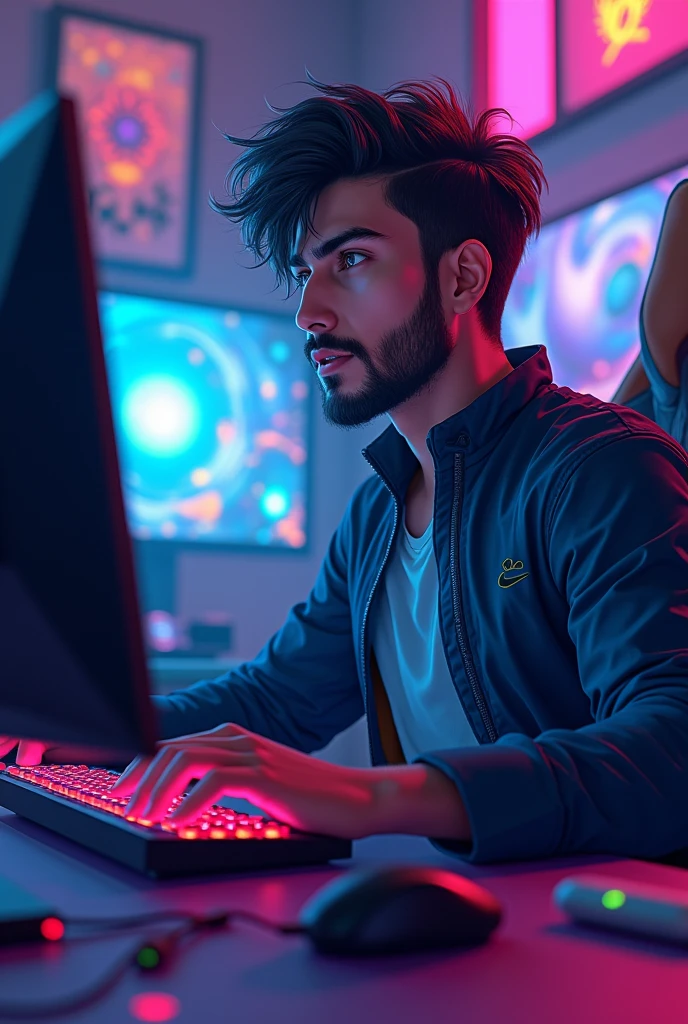 Gamer aesthetic in anime Indian boy age 19 with beard
