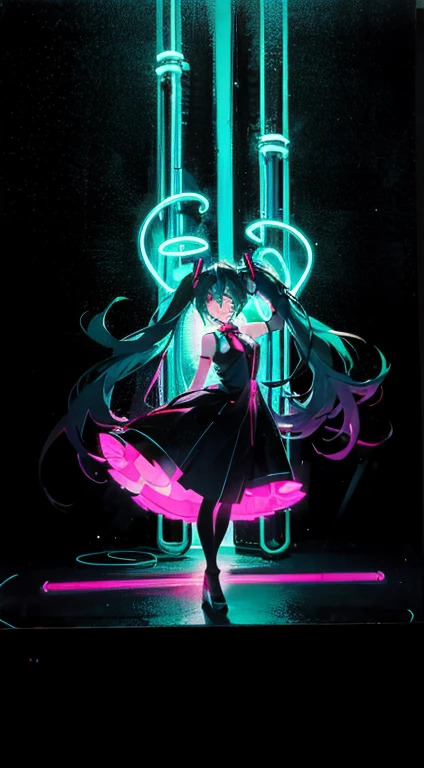 full body,(silhouette outline only,(neon the shape of hatsune miku silhouette)),body without color,(outline neon tube light illumination only),(shining brightly neon illumination:1.4),dancing,night sky background