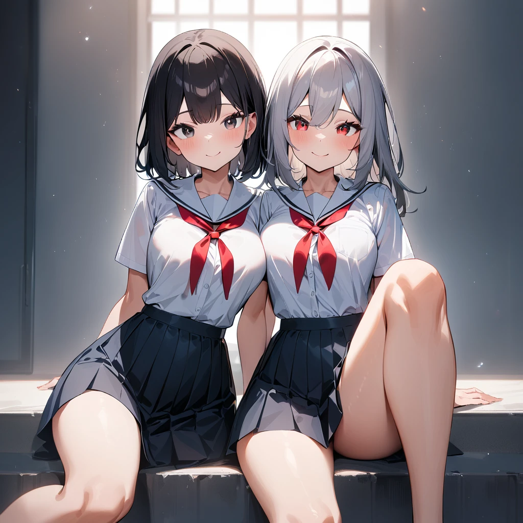 (2girls),adult,smile,school_uniform,White sailor,bareLegs,feet,barefoot,medium hair.black hair,gray hair,black eyes,red eyes,medium_breasts,breasts,masterpiece, best quality, very aesthetic, absurdres,front View,(straight-on),side by side,light,dynamic angles,(knee up),(masterpiece, best quality, very aesthetic, absurdres),sitting 