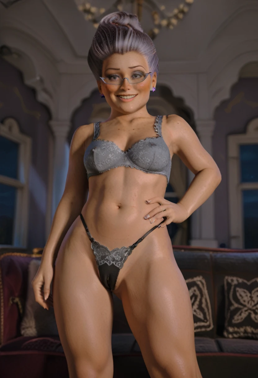 score_9, score_8_up, score_7_up, 1girl, solo, swirl hair, gray hair, gray eyes, glasses, star earrings, 3d, beauty mark, by sofa, seductive smile, aroused, hand on hip, hand on leg, standing, from below, lace black thong, lace black bra, covered nipples, shy, blush, cameltoe, cowboy shot, nude body,