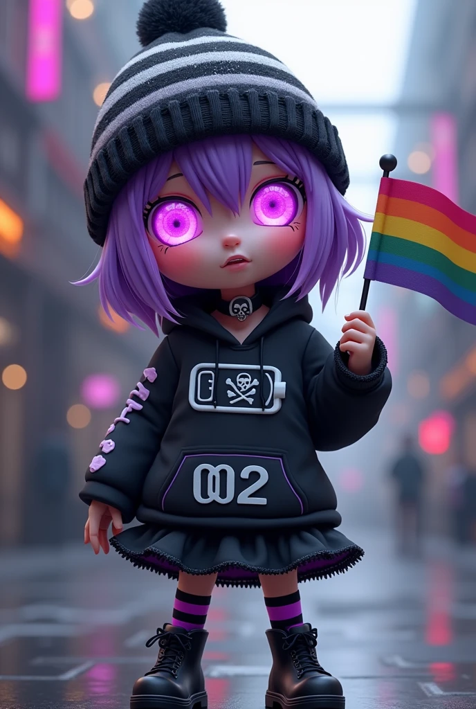 (Robot) Murder Drones. Drones have two bright eyes on their black visor that emotes. Under some circumstances, their eyes can be overridden by an error, status warning, or system message. Robot Uzi takes on the appearance of a short Worker Drone with neon purple and magenta eyes and short, white skin, dull purple hair. She wears a black striped beanie with a glittery bobble at the tip, and black boots with long, dark purple striped socks. She also wears a black hoodie with a white emblem on the front depicting a battery with two bones going across it, creating an "X" shape. The bottom of the hoodie has two white stripes wrapping around it, and the left sleeve has a white radioactive symbol on it. Beneath her hoodie is a short, frilly, black skirt. She also has a black choker around her neck with a skull and the number "002" on it. She blushes and shyly looks away holding rainbow flag. 