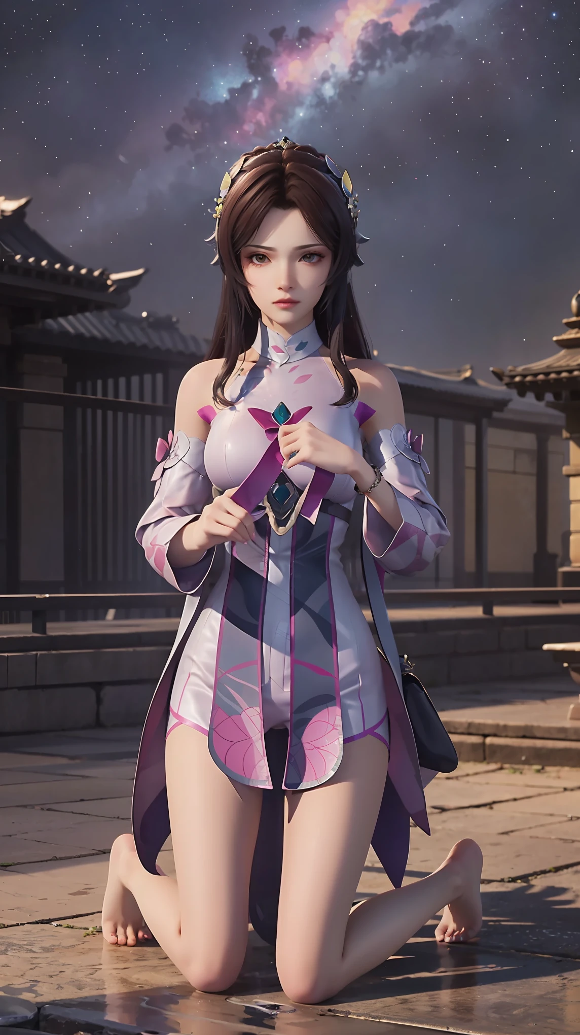 Cartoon woman kneeling on the starry sky, Water splashes at the knees,CG Social Trends, Smooth anime CG art, Starry sky background,Full body view,Royal sister kneeling posture