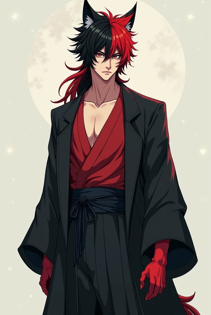 1 man, 1,83 tall, black hair with red, raza Ōkami, with a haori, anime style