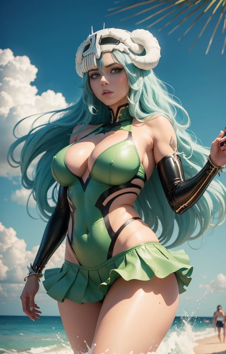 Nelliel Bleach, photo by full body , thick and beautiful legs of the highest degree based on the character Nelliel extremely high quality, Superman on chest, blue swimsuit, Red skirt, red boots, Sunset, plein-air, mar, water, medium hips, athletic body, shining blue eyes, long hair, green hair, digitl art, 4K, detalhes perfeitos, hypnotizing, professionally made, beautiful vector illustration, 12K resolution, ..3d, ((highy detailed)),((ultra high-quality)), at beach, fine-detailed