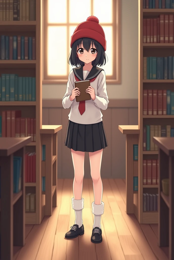 Adult anime girl, short black hair without bangs, slightly sharp black eyes, wearing white shirt, red tie, short shorts, white knee-length skirt, white fur socks, Japanese school shoes Ban, red beanie, holding a book, shy, in the library