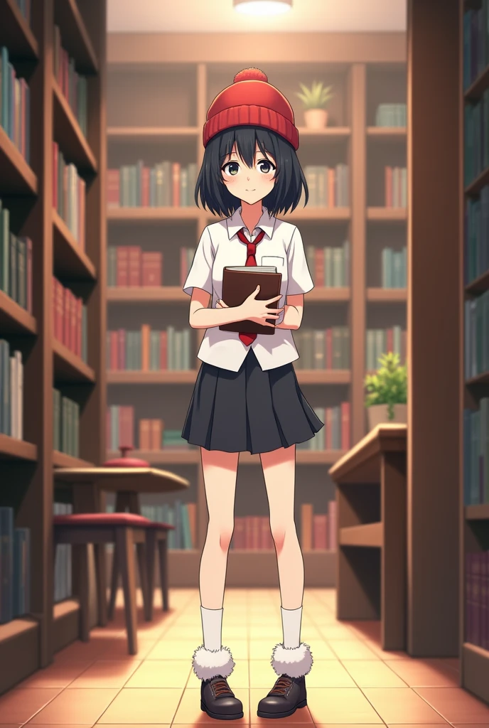 Adult anime girl, short black hair without bangs, slightly sharp black eyes, wearing white shirt, red tie, short shorts, white knee-length skirt, white fur socks, Japanese school shoes Ban, red beanie, holding a book, shy, in the library