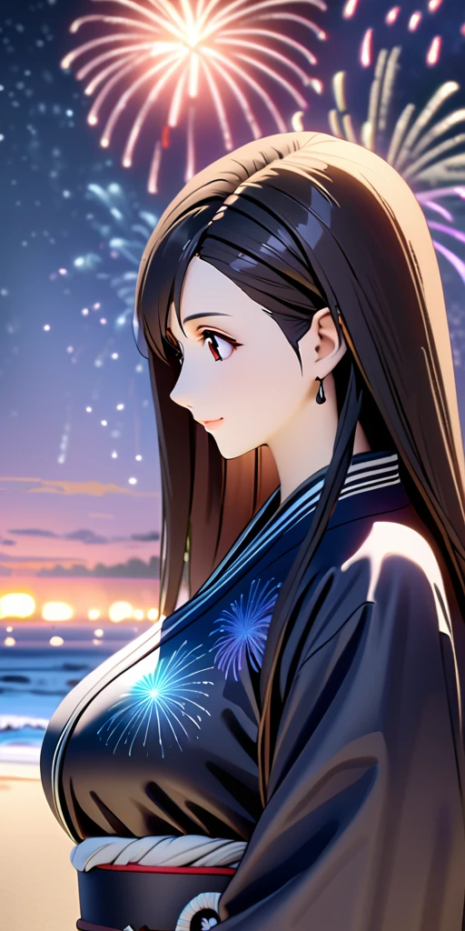 (((((tifa lockhart:1.5))))),((Highest quality、masterpiece、anime style、best quality、high resolution、8k、detailed、ultra-detailed:1.3))、Long legs:1.2, Beautiful woman with perfect figure:1.4、(Smiling:1.2), double eyelid、30-year-old female、((((One Woman,beautiful face,Beautiful face:1.5)))),Big Breasts、High resolution, accurate, Anatomically correct, High-resolution model, high quality, Very detailed, Ultra high definition、Black Hair、Straight Hair、Long Hair、(((summer、Starry Sky、Beach、long KIMONO、firework、Upper Body:1.1)))、solo,