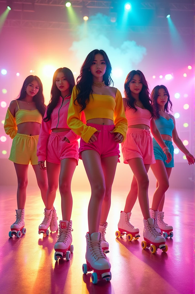 Girl kpop group with five girls with roller skates, with bright and colorful clothes, with beautiful hairstyles and different hair in a setting with lights