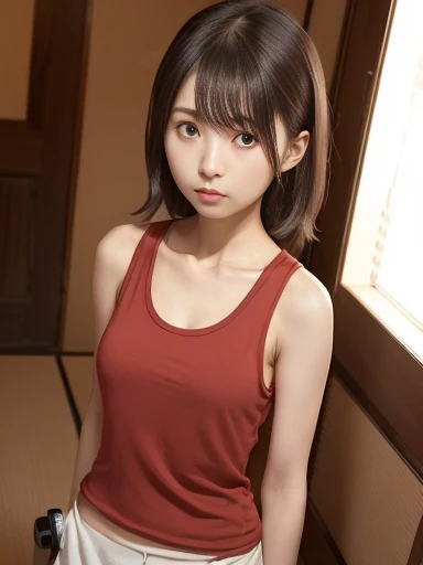 Japanese female, (underweight), (medium bust best quality:1.5), 30 years old,
((Voyeurism)) ,tired, neutral, semi long, (red tank top), (trunks), in the living room, full body shot, (pinhole camera:1.3)