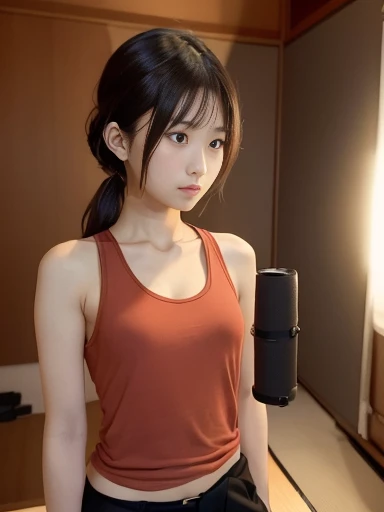 Japanese female, (underweight), (medium bust best quality:1.5), 30 years old,
((Voyeurism)) ,tired, neutral, semi long, (red tank top), (trunks), in the living room, full body shot, (pinhole camera:1.3)