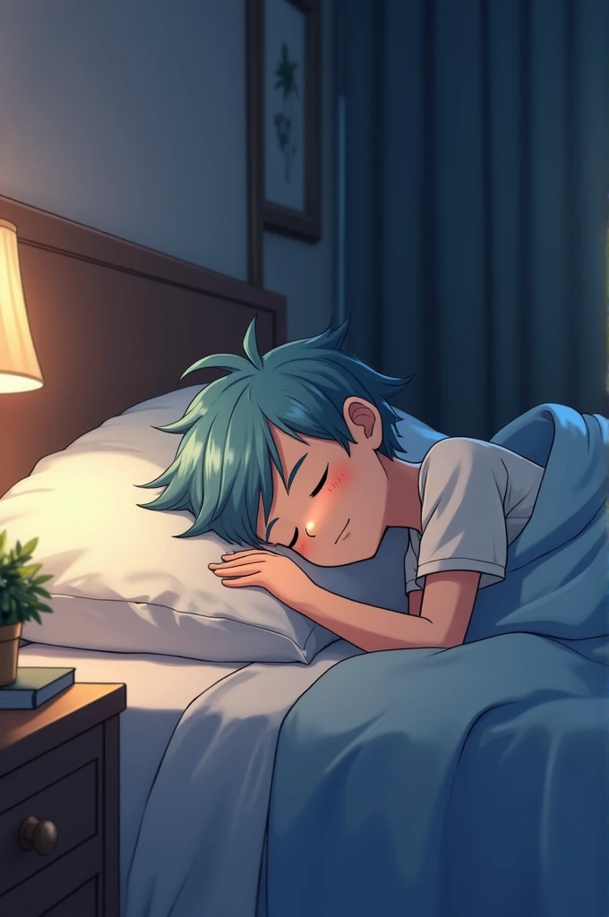 A 1 anime boy is lying down in bed