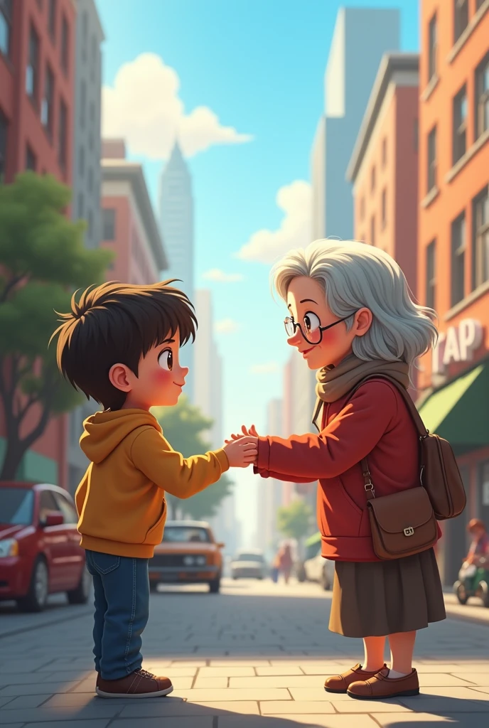 A kid showing kindness to the old woman with city background