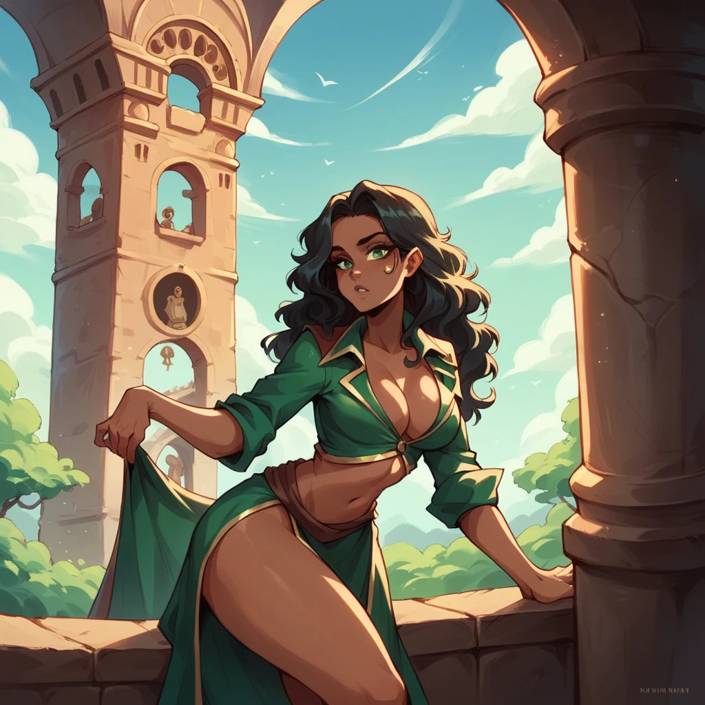NSFW, , thighs, dark skin, long wavy black hair, green eyes, pirate siren outfit, curious seductive expression, peeking out, ancient cathedral.