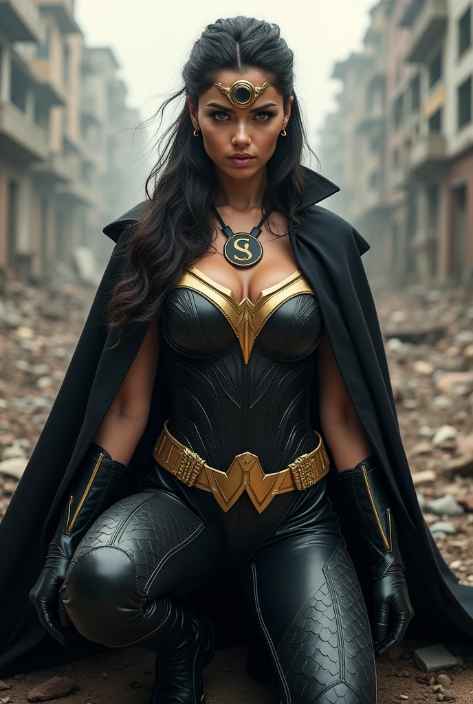 (((A beautiful woman under the cloak of Big Barda (((She has long hair tied back in a ponytail.))),(((with a diaema in golden circles joined together on his forehead))) His eyes are light blue. su traje de superheroína es de temática de samurai. His suit usually has a (((Black leather jumpsuit with scales))) and (((a black corset with a tray neck))) Wonder Woman metallic armor type))) color negro sobre su traje enterizo cinturón ancho and grueso color dorado botas and guantes color negro (((de rodillas en una ciudad Apocalandptica con mucha destrucción))),(((with a necklace with a black round pendant that has a (((s))) as an emblem on his neck))),(((villain face)))