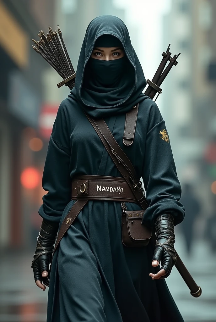 (photorealism:1.2) a girl like ninja around , Muslim niqabis close her face, wearing tech cloak, add Mata Dragon roman text on cloak. slim body, holding katana, cyberpunk, big name tag add roman text Mata Dragon. have bow on back, walking toward camera