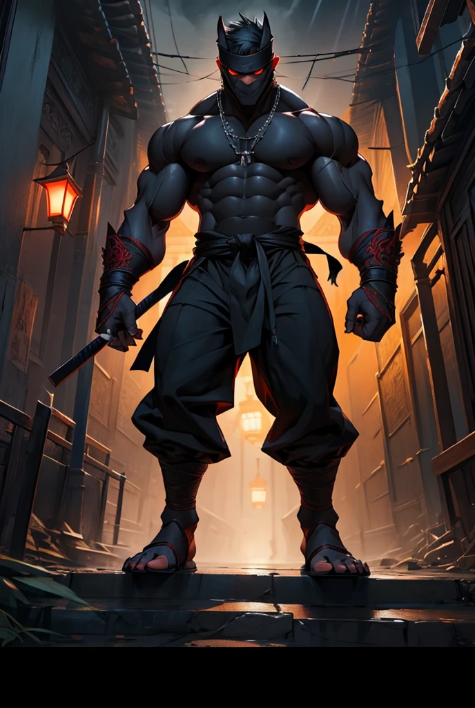 personal, High resolution, Full body image with high detail, high quality, Ultra HD, subjective perspective, Male Ninja, Full red evil enemy eyes, Tall and strong, Black skinny fabric, Black Claws, The crotch of the pants is bulging and dripping, Well developed trapezius muscles, 全身都包覆Black skinny fabric, Gloomy shabby temple background at night