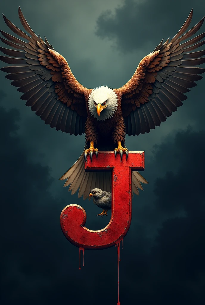 Help me make a logo with the letter J as the main logo, added with the presence of a mighty eagle that will pounce on its prey, namely a chick..