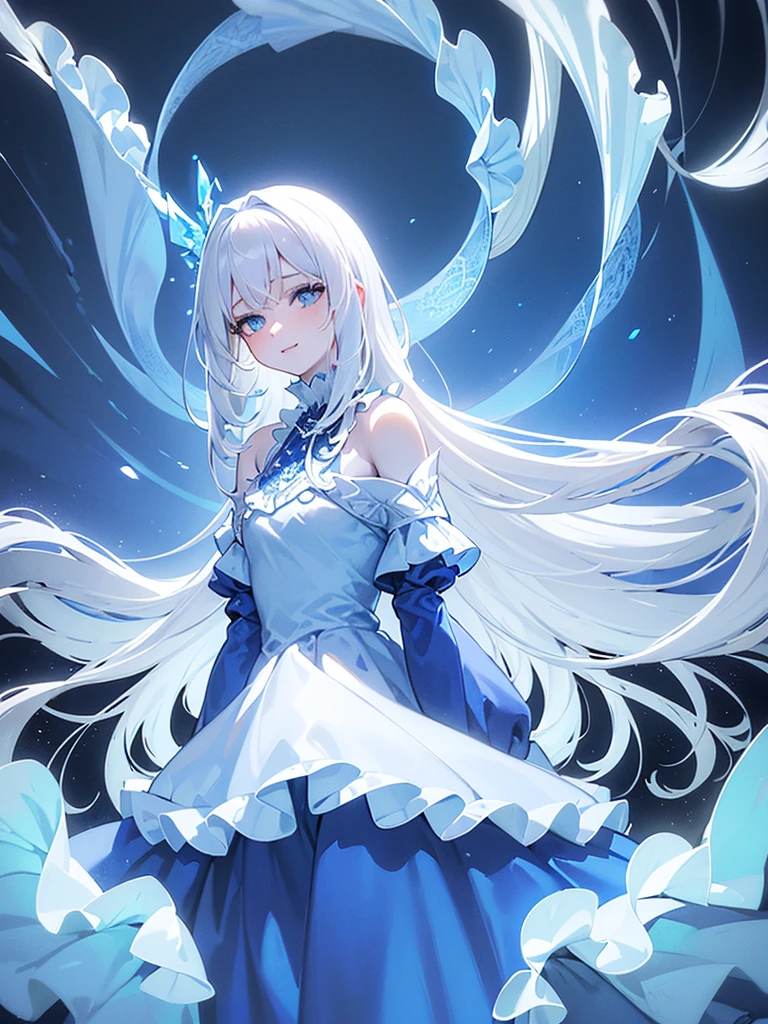 (transparent blue theme art),(top-quality),(masterpiece),(medium shot:1.5),((glowing)),((arms behind side)),Silky to the touch,Hyper Detail,(1 girl),(solo),Delicately drawn face,girl with a pretty face,beautiful detailed transparent blue eyes,beautiful detailed blue dress with delicate white lace,beautiful detailed blue dress with ruffles,((blue skirt with ruffles)),((Long sleeve costume)),(Beautiful silky white hair:1.3),pale skin,a beautiful transparent illustration,blue and white theme,beautiful smile,soft gradient,((standing in blue color hall)),(blue and white background),dreamy ambiance,mesmerizing depth,Ultra-detailed digital art,2.5D art