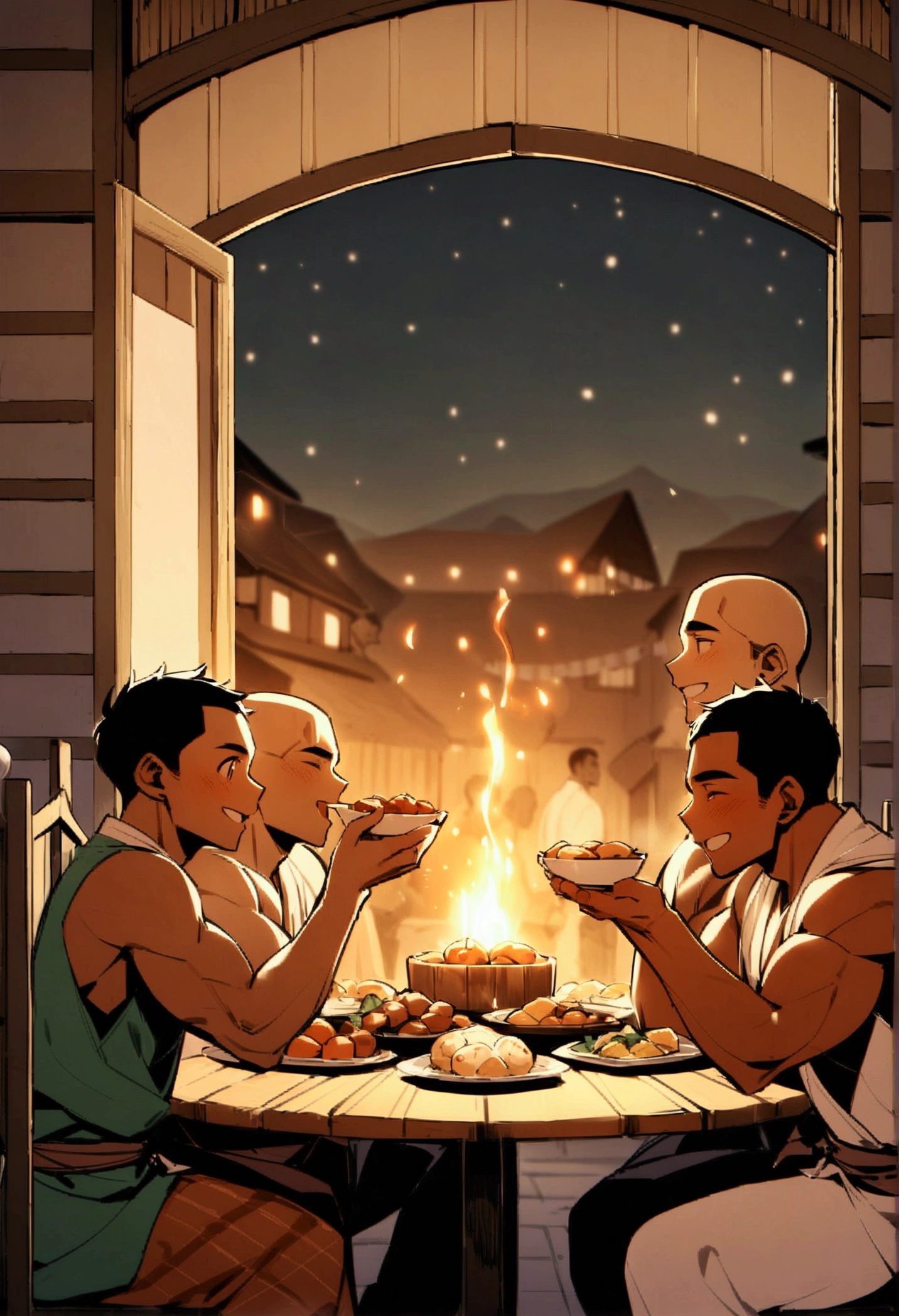 Highest quality、Four muscular men with short hair are sitting around a table laden with food on the porch of an inn、firework、Brown Skin、A fun atmosphere