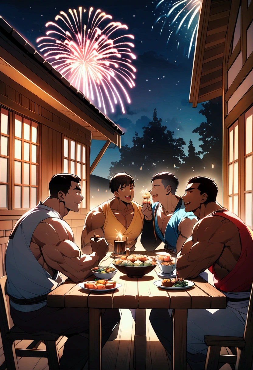 Highest quality、Four muscular men with short hair are sitting around a table laden with food on the porch of an inn、firework、Brown Skin、A fun atmosphere