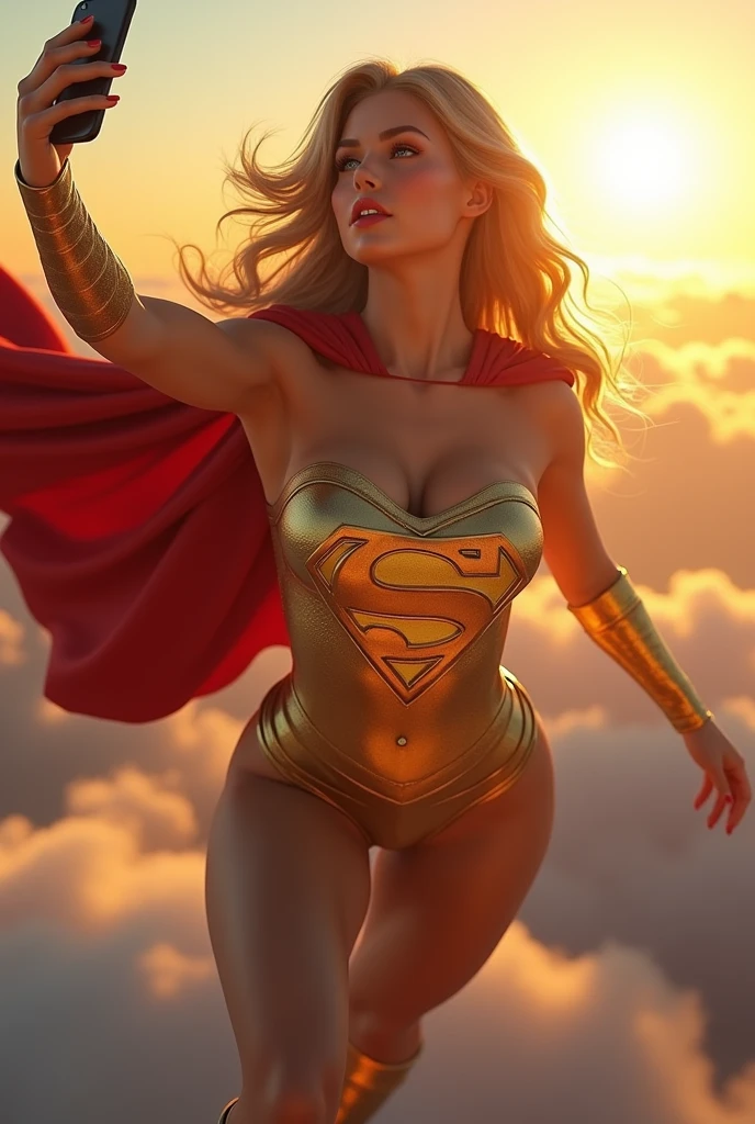 INSANELY SEXY, RIPPED MUSCULAR BUSTY BOOBS SUPERGIRL WEARING THE ORIGNAL GOLDEN AGE SUPERGIRL COSTUME FROM 1950. SOARING WHILE TAKING A SELFIE.