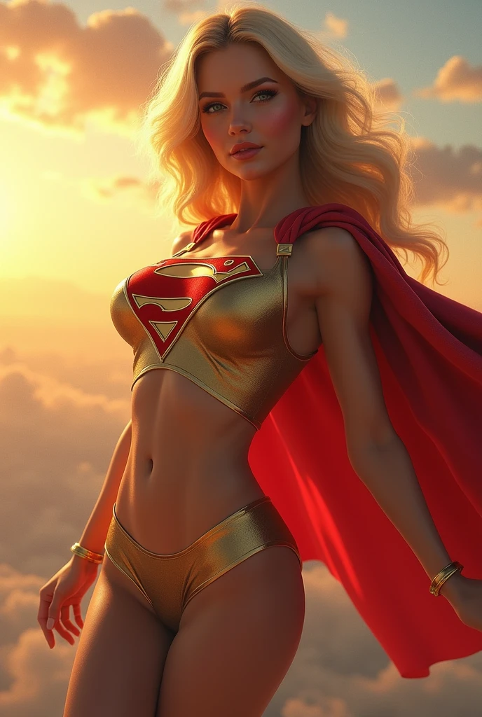 INSANELY SEXY, RIPPED MUSCULAR BUSTY BOOBS SUPERGIRL WEARING THE ORIGNAL GOLDEN AGE SUPERGIRL COSTUME FROM 1950. SOARING WHILE TAKING A SELFIE.