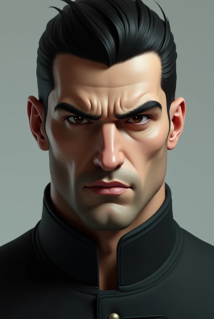 Very serious man with a marked jaw, black hair and light skin
