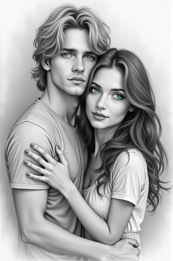 Pencil portrait of an embracing couple. look ahead, the 3, blond hair, blue eyes, she 25 years, brown hair and green eyes. gray brush strokes background.