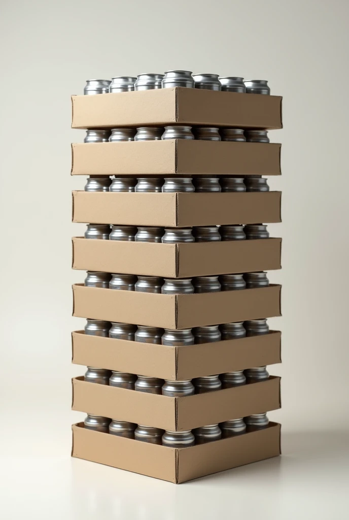 5 stacked cardboard trays, 10!tin cans in each tray 