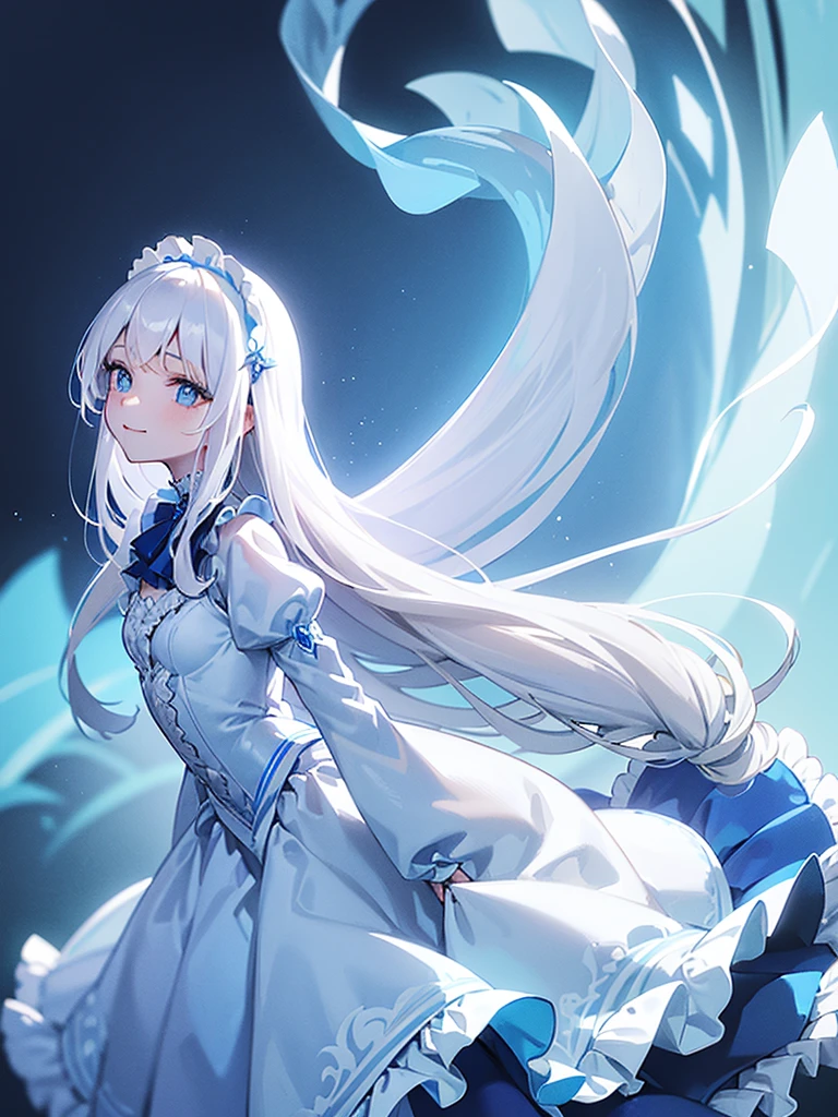 (transparent blue theme art),(top-quality),(masterpiece),(medium shot:1.5),((glowing)),((arms behind side)),Silky to the touch,Hyper Detail,(1 girl),(solo),Delicately drawn face,girl with a pretty face,beautiful detailed transparent blue eyes,beautiful detailed blue dress with delicate white lace,beautiful detailed blue dress with ruffles,((blue skirt with ruffles)),((Long sleeve costume)),(Beautiful silky white hair:1.3),pale skin,a beautiful transparent illustration,blue and white theme,beautiful smile,soft gradient,((standing in blue color hall)),(blue and white background),dreamy ambiance,mesmerizing depth,Ultra-detailed digital art,2.5D art