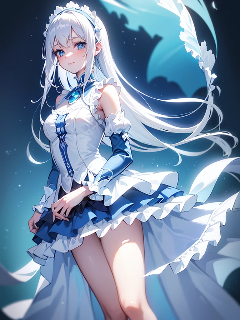(transparent blue theme art),(top-quality),(masterpiece),(medium shot:1.5),((glowing)),((arms behind side)),Silky to the touch,Hyper Detail,(1 girl),(solo),Delicately drawn face,girl with a pretty face,beautiful detailed transparent blue eyes,beautiful detailed blue dress with delicate white lace,beautiful detailed blue dress with ruffles,((blue skirt with ruffles)),((Long sleeve costume)),(Beautiful silky white hair:1.3),pale skin,a beautiful transparent illustration,blue and white theme,beautiful smile,soft gradient,((standing in blue color hall)),(blue and white background),dreamy ambiance,mesmerizing depth,Ultra-detailed digital art,2.5D art