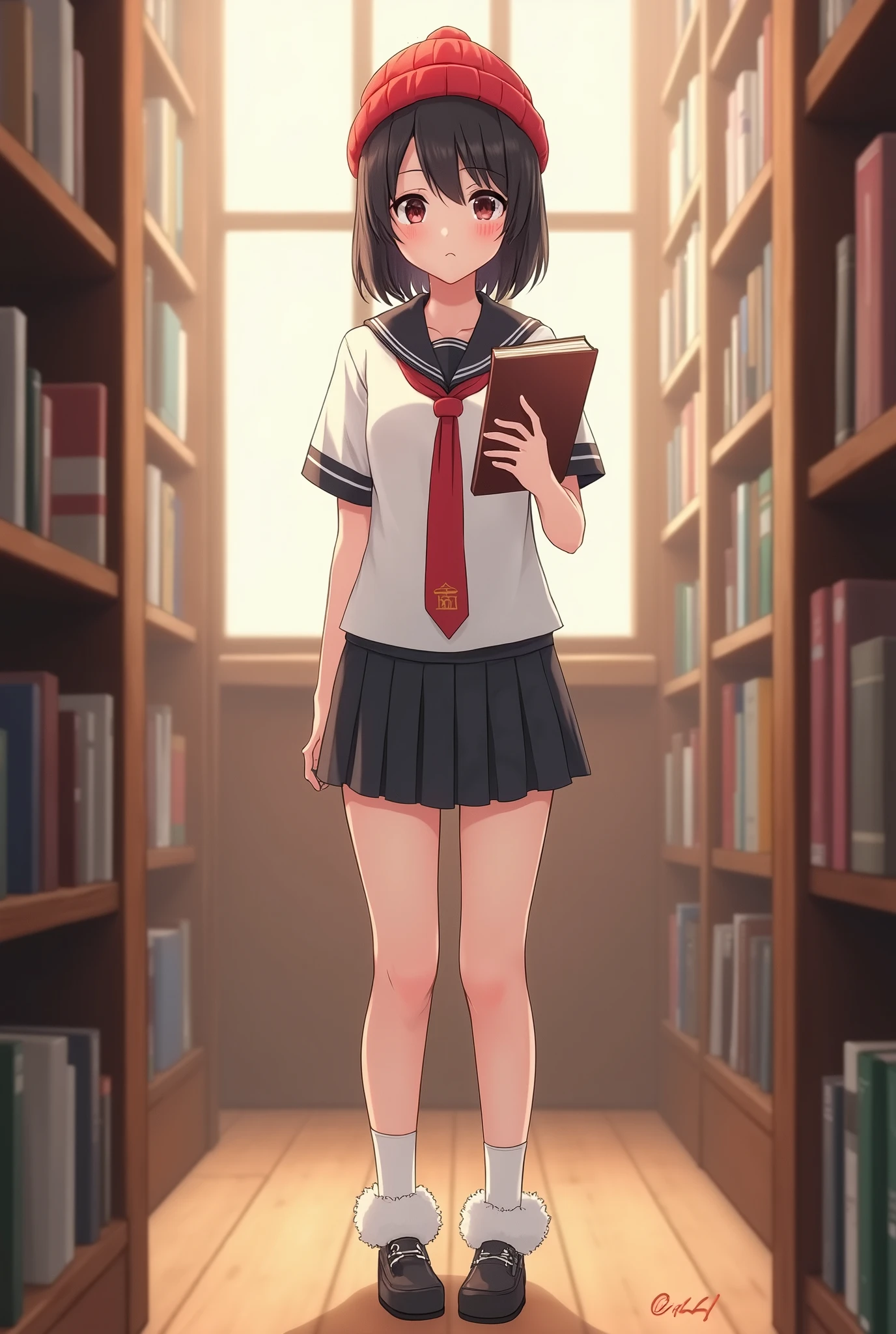 Adult anime girl, short black hair without bangs, slightly sharp black eyes, wearing white shirt, red tie, short shorts, white knee-length skirt, white fur socks, Japanese school shoes Ban, red beanie, holding a book, shy, in the library