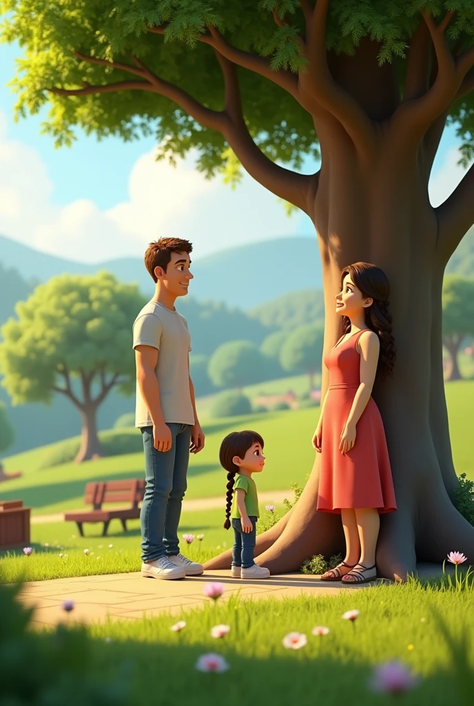 (character 1) short woman, by the wide, smooth chestnut,with dress and sandals..
(character 2) tall man of average build, short brown hair, wearing jins and white sneakers.
(character 3 ) girl, wavy brown hair with braids,wearing jins and white sneakers, all pixar style in a park