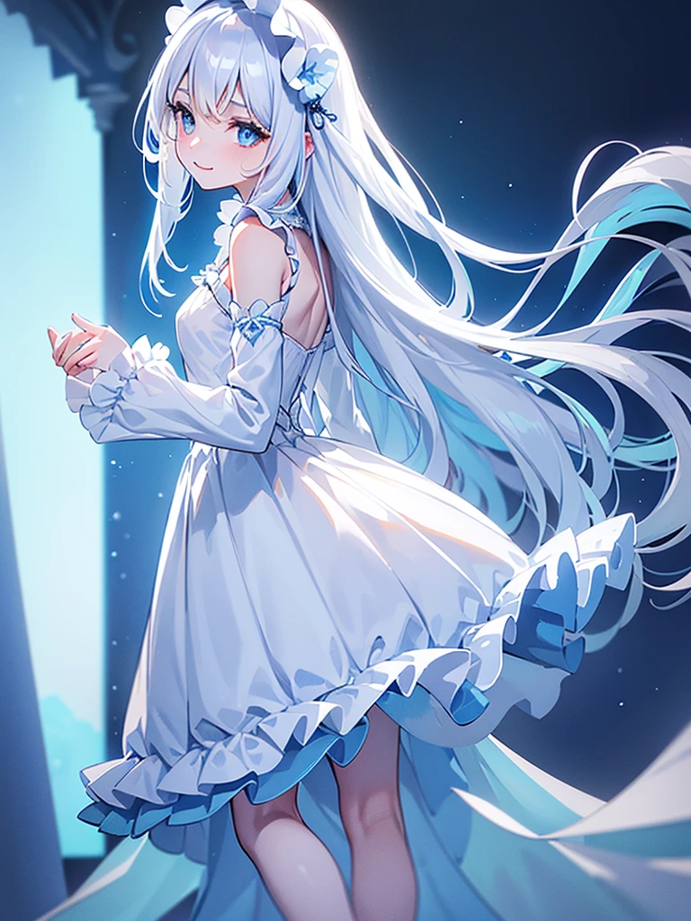 (transparent blue theme art),(top-quality),(masterpiece),(medium shot:1.5),((glowing)),((arms behind side)),Silky to the touch,Hyper Detail,(1 girl),(solo),Delicately drawn face,girl with a pretty face,beautiful detailed transparent blue eyes,beautiful detailed blue dress with delicate white lace,beautiful detailed blue dress with ruffles,((blue skirt with ruffles)),((Long sleeve costume)),(Beautiful silky white hair:1.3),pale skin,a beautiful transparent illustration,blue and white theme,beautiful smile,soft gradient,((standing in blue color hall)),(blue and white background),dreamy ambiance,mesmerizing depth,Ultra-detailed digital art,2.5D art