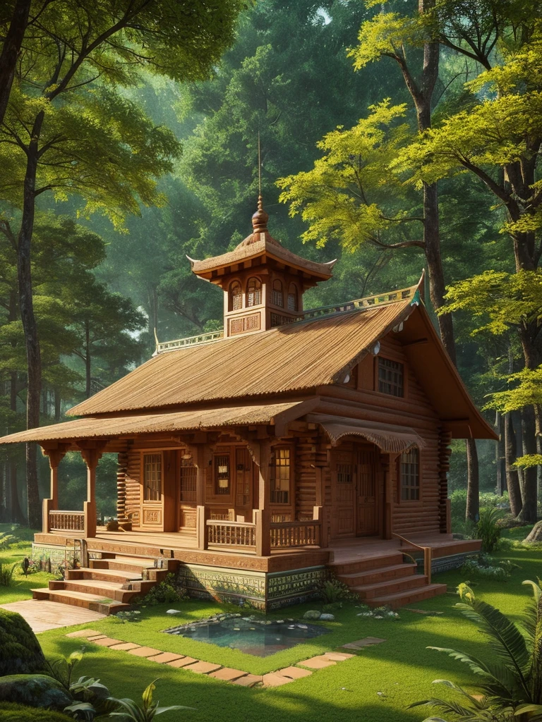 (3D Isometric),(work of art),  (Extremely detailed CG 8k unity wallpaper), (best qualityer), (best illustration), (best shade),, A cute , indian temple, A rustic style cabin covered in moss, octane rendering, ray tracing, ultra detaild