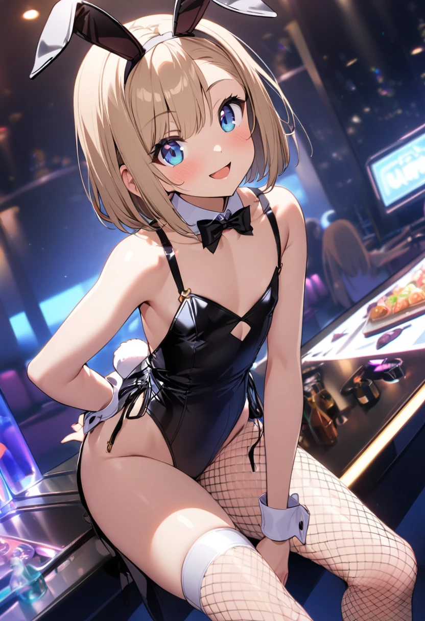 1 girl, 18yo, flat chest, blue eyes, light brown hair, bob cut, smile, open mouth. The characters are dressed in charming bunny girl costumes. The costume features a colorful leotard, a bunny ear headband, white cuffs and collar, fishnet tights, and a small tail. She poses confidently and has a slightly provocative smile on her face. The scene has a chic and stylish atmosphere like a club or lounge in the background, giving an overall glamorous and sophisticated impression. 