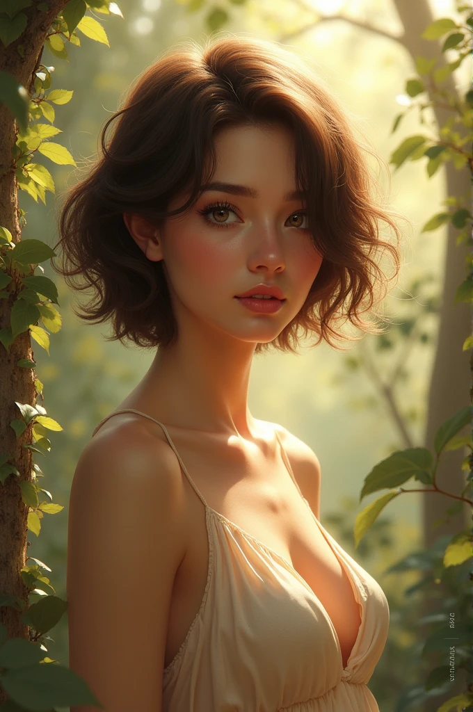 girl with short brown hair, nude, detailed facial features, beautiful eyes, full lips, long eyelashes, delicate skin, feminine figure, soft lighting, natural setting, high quality, photorealistic, digital painting, warm color palette